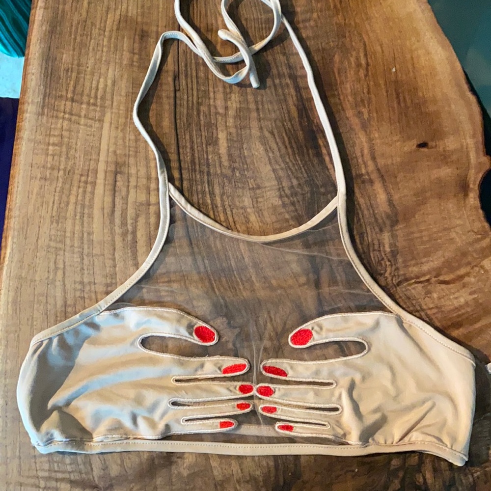 Embroidered sheer mesh hand swim top